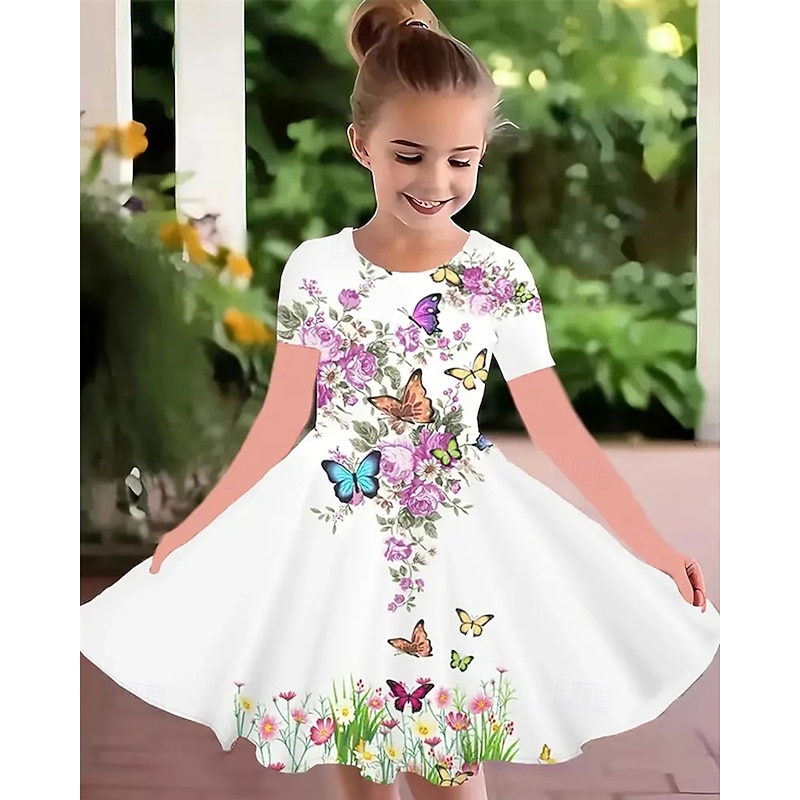 Girls' 3D Graphic Butterfly Dress Short Sleeve Summer Spring Vacation Daily Holiday Princess Beautiful Sweet Kids 4-12 Years Casual Dress A Line Dress Knee-length Regular Fit2