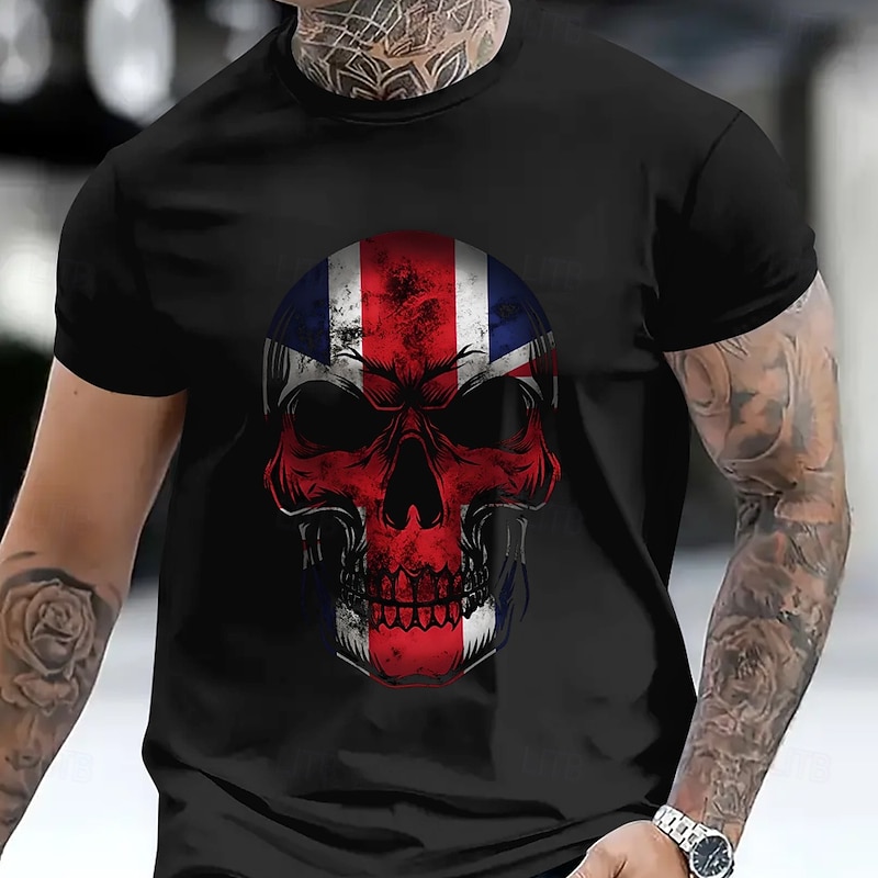 Men's Skull American US Flag Patriotic T Shirt Tee Top 100% Cotton Short Sleeve Graphic Shirt Black White Red Comfortable Tee Vacation Street Fashion Designer Clothing