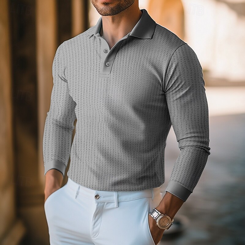 Men's Waffle Polo Shirts Golf Shirt Work Casual Lapel Long Sleeve Basic Modern Solid Color Texture Buttons Spring &  Fall Regular Fit milk white Black Yellow Wine Blue Gray Waffle Polo Shirts
