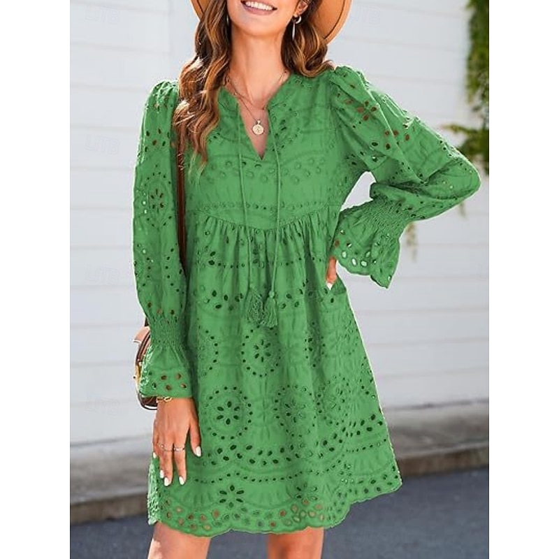 Women's Casual Dress Mini Dress Cotton Embroidered Vacation Beach Casual V Neck Long Sleeve Puff Sleeve White Green Color3