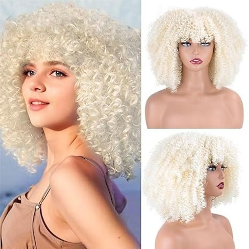 Afro Curly Wig with Bangs Synthetic Afro Wigs for Women Heat Resistant Short Kinky Curly Wigs for Daily Party2