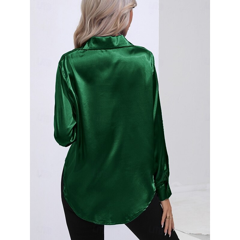 Women's Shirt Elegant Dressy Satin Solid Color Business Modern Casual Long Sleeve Shirt Collar Regular Tops Work Formal Wear Buttons Pink Green Beige Summer Spring2