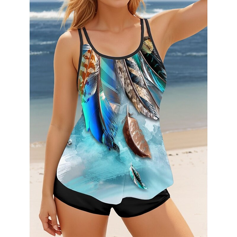 Women's Swimsuits Tankini 2 Piece Boy Leg Swimsuit Backless Vacation Beach Wear Graphic U Neck Sleeveless Bathing Suits3