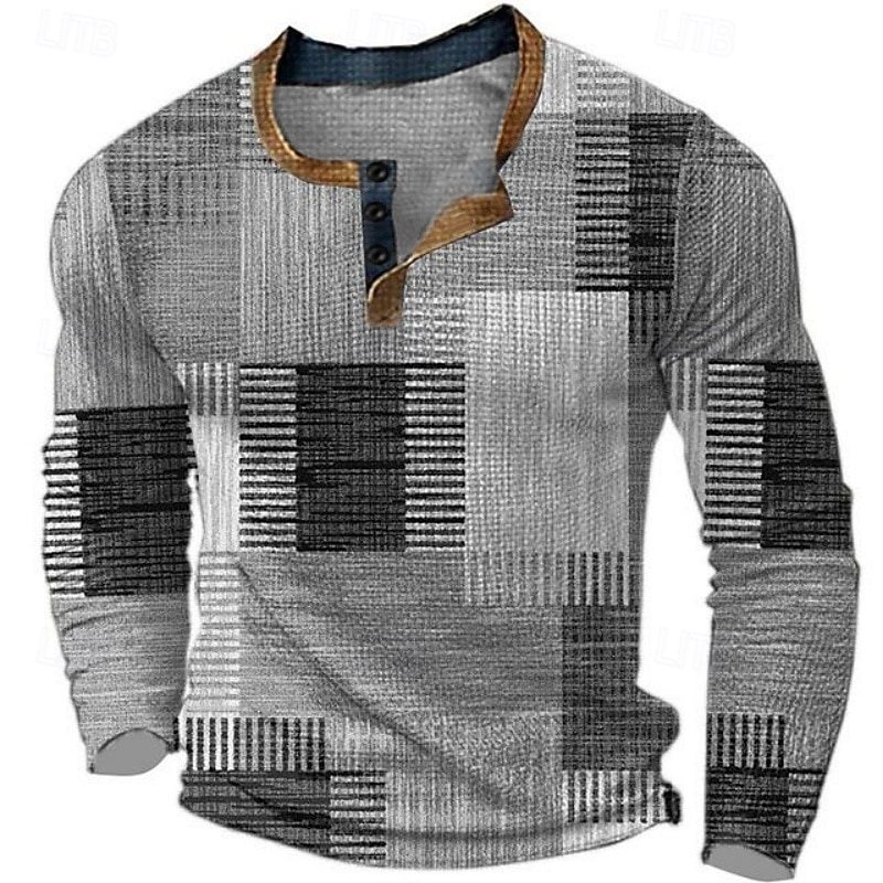 Men's Geometric Color Block Waffle Henley Shirt Waffle Knit Shirt Classic Style Long Sleeve Fashion Designer Basic Outdoor Daily Spring &  Fall Grey Henley Henley T-Shirt - Main Image