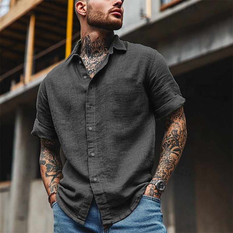 Cotton And Linen Classic Men's Shirt Linen Shirt Summer Shirt Beach Shirt Button Up Shirt Black White Blue Short Sleeve Plain Turndown Summer Vacation Holiday Clothing Apparel3
