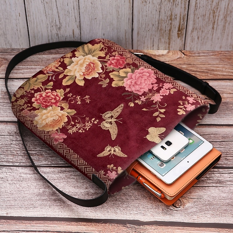 Vintage Floral Crossbody Bag with Butterfly Print, Lightweight Shoulder Bag for Women, Casual and Travel Use Red Purple Green4