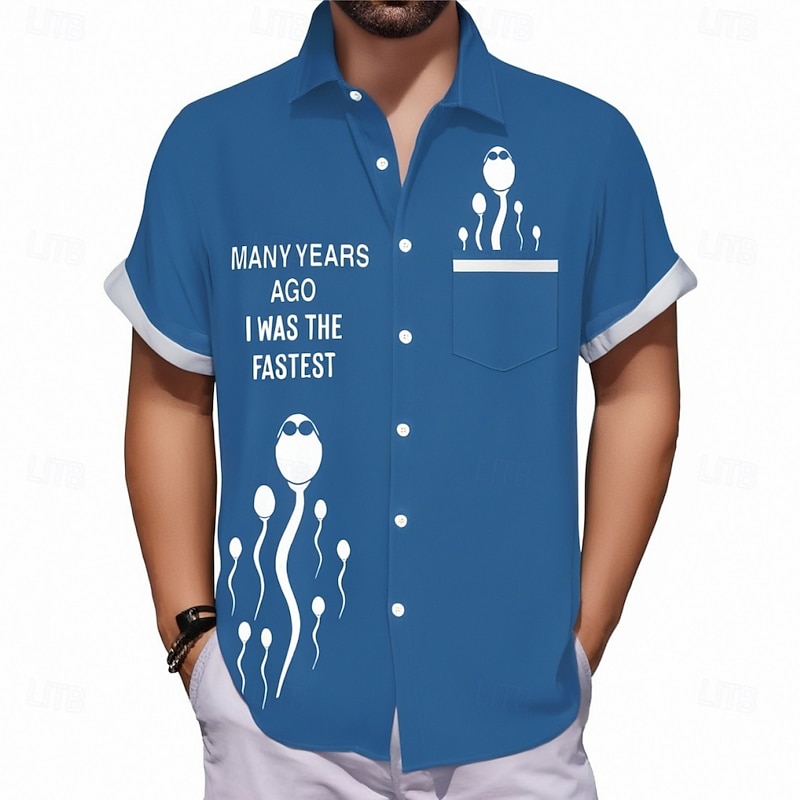 Men's Letter Casual Shirt Button Up Shirt Short Sleeve Casual Funny Daily Summer Spring Turndown Button Up Pocket Blue2