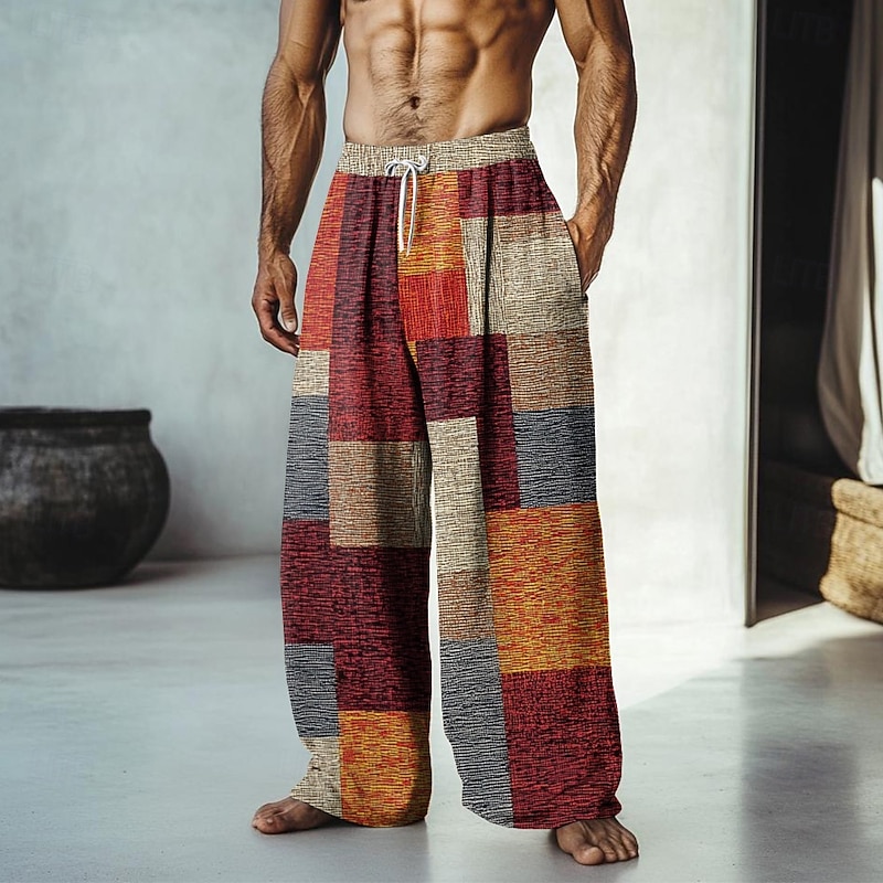 Men's Color Block Patchwork Pants Trousers Mid Waist Drawstring Elastic Waist Hawaiian Casual Outdoor Vacation Holiday Straight Leg Trousers Summer Spring Fall 3D Print Yellow Red Blue
