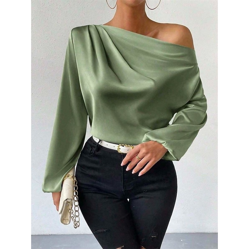 Women's Elegant Dressy Satin Blouse Solid Color Basic Casual Long Sleeve Lantern Sleeve Asymmetrical Regular Tops Work Daily Holiday Ruched Patchwork White Green Beige Spring Fall