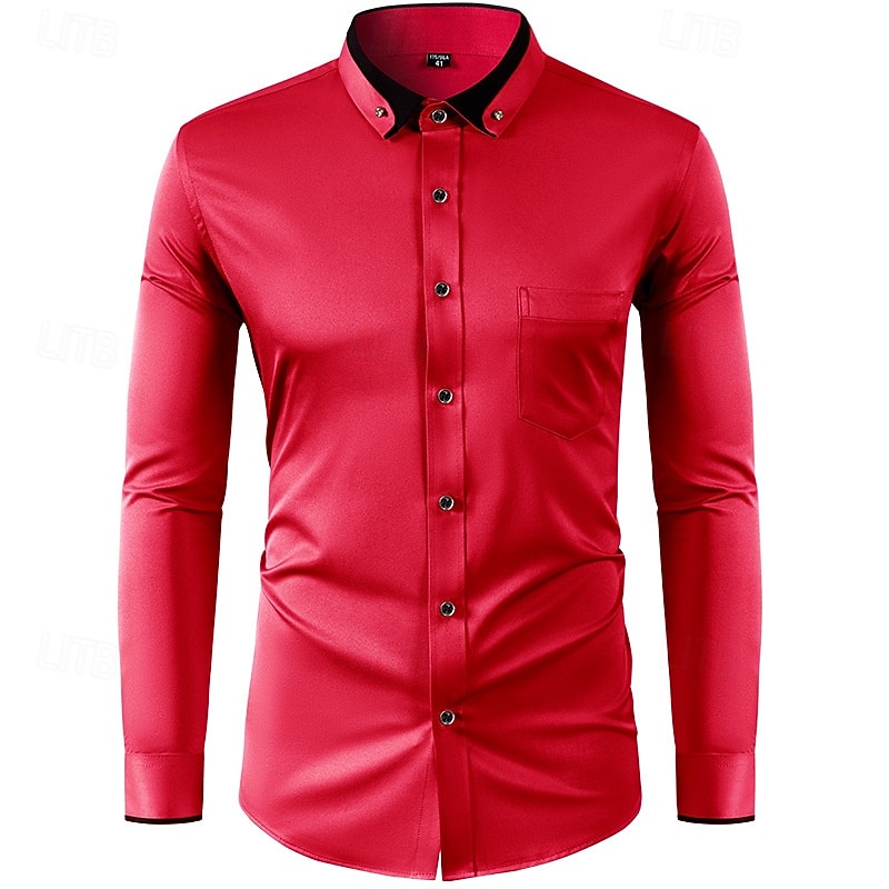Men's Shirt Dress Shirt Button Up Shirt Color Block Wedding Party Black White Wine Red Long Sleeve Lapel Spring &  Fall Clothing Apparel Patchwork