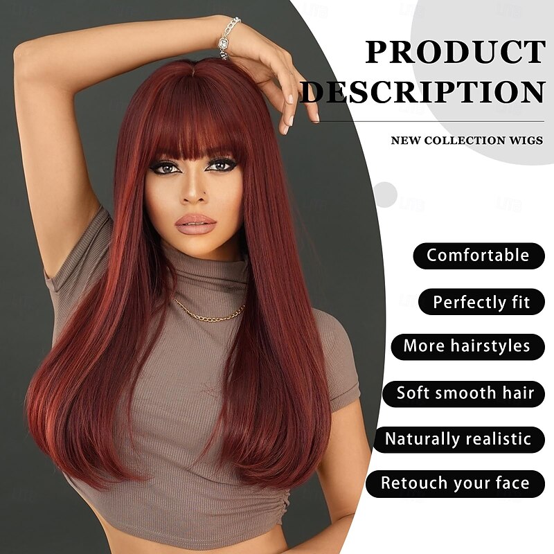 Long Straight Wig with Bangs Synthetic Layered Wig Natural Maroon  Hair Heat Resistant Wigs for Women Daily Party Use2