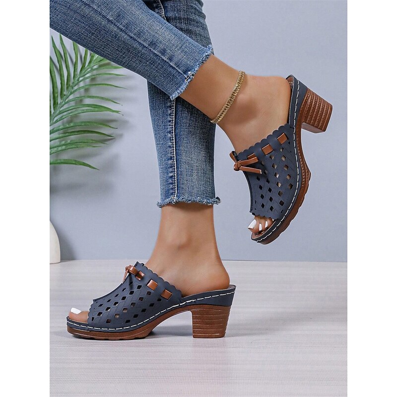 Women's Comfortable Blue Perforated Faux Leather Block Heel Sandals with Bowknot - Perfect for Summer2