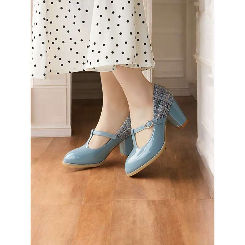 Women's Black Patent Mary Jane Heels with Gold Bouclé Detail, Elegant T-Strap Design for Formal Events and Office Wear3