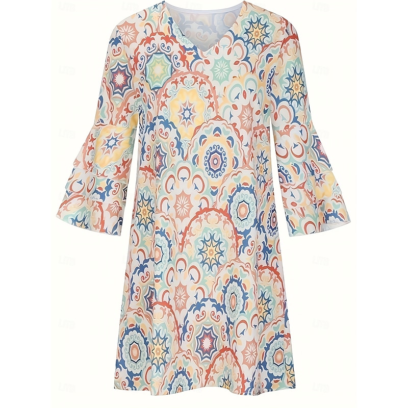 Women's Casual Dress Graphic Geometric Ruffle Print V Neck Flared Sleeve Mini Dress Bohemia Stylish Vacation Daily 3/4 Length Sleeve Summer Spring2