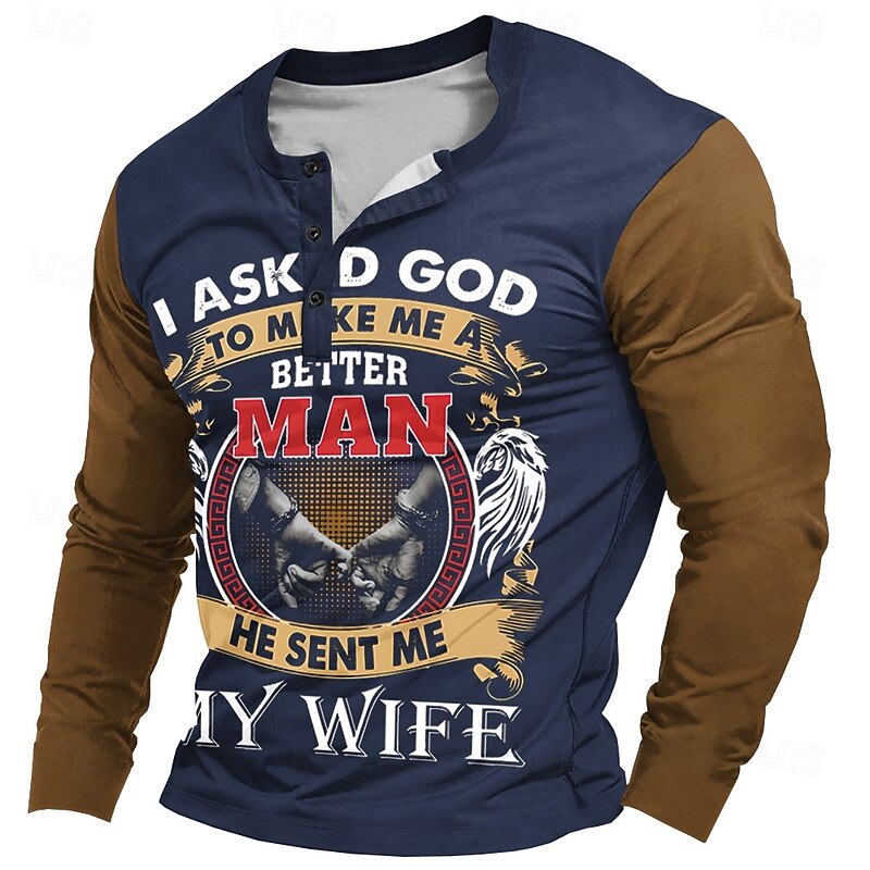 Valentine's Day Men's Graphic Hand Henley Shirt T shirt Tee Long Sleeve T shirt 3D Print Henley Shirt Fashion Designer Comfortable Casual Daily Black Navy Blue Spring &  Fall Clothing Apparel S M L4