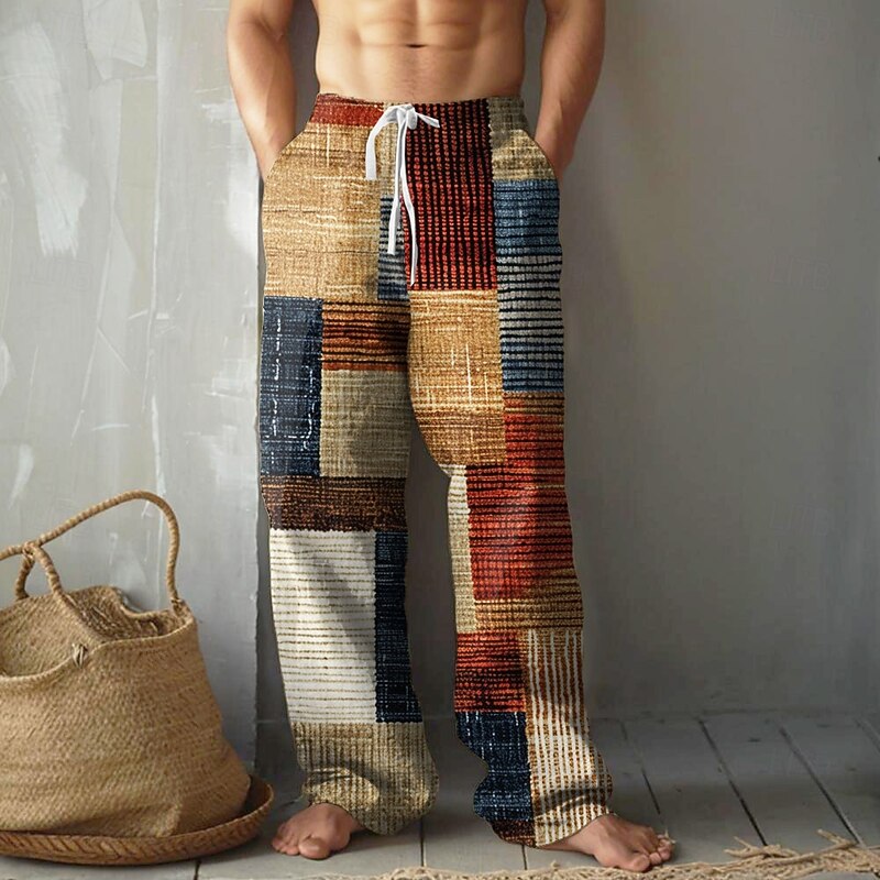 Men's Color Block Patchwork Pants Trousers Casual Pants Mid Waist Drawstring Elastic Waist Vintage Retro Outdoor Vacation Holiday Straight Leg Trousers Summer Spring Fall 3D Print Red Blue Green
