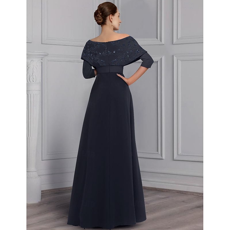 Jumpsuit Mother of the Bride  Elegant Vintage Off Shoulder Floor Length Stretch Fabric 3/4 Length Sleeve with Sequin Appliques3