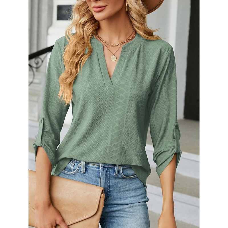 Women's Shirt Blouse Solid Color Basic Casual Long Sleeve Notched Neck Regular Tops Daily Pink Wine Green Summer Spring3