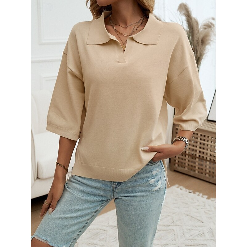 Women's Shirt Blouse Solid Color Basic Casual 3/4 Length Sleeve Shirt Collar Regular Tops Daily Yellow Blue Beige Summer Spring Fall2