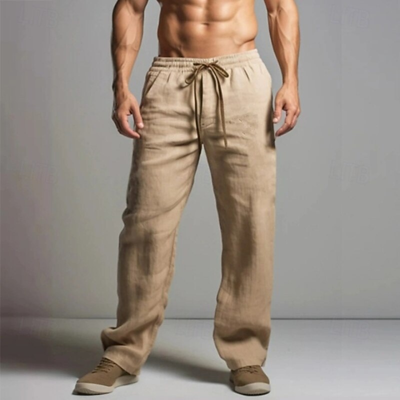 Men's Linen Pants Trousers Summer Pants Beach Pants Elastic Waist Drawstring Straight Leg Plain Comfort Breathable Full Length Casual Daily Holiday Fashion Classic Style Black White2