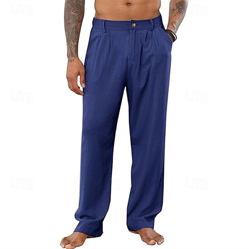 Men's Linen Pants Trousers Summer Pants Pleated Pants Buttons Straight Leg Plain Comfort Breathable Full Length Office Casual Daily Fashion Classic Style Black White2