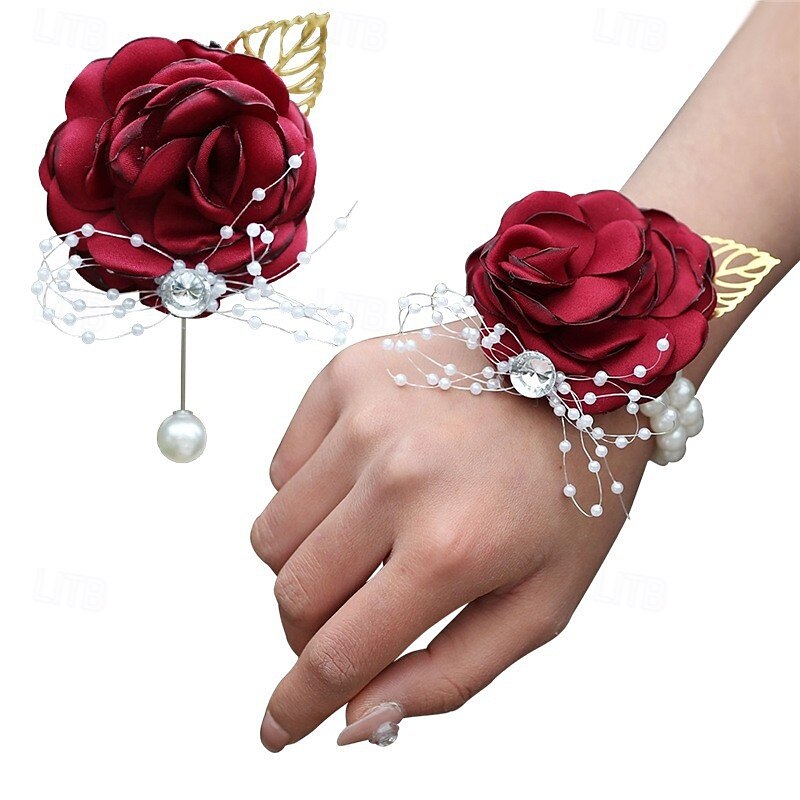2 Pack Flower Wrist Corsage Boutonniere Set,Artificial Rose Handmade Silk Flower for Wedding Flowers Accessories Prom Suit Decor