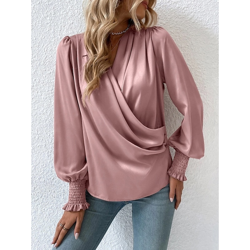 Women's Shirt Elegant Dressy Satin Solid Color Business Modern Casual Long Sleeve V Neck Regular Tops Work Formal Wear Ruched Black Pink Summer Spring4