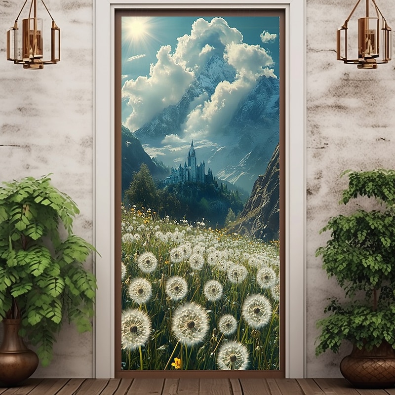 Landscape Door Decorations Door Covers Dandelions Castle Door Tapestry Door Curtain Decoration Backdrop Indoor/Outdoor Door Banner for Front Door Farmhouse