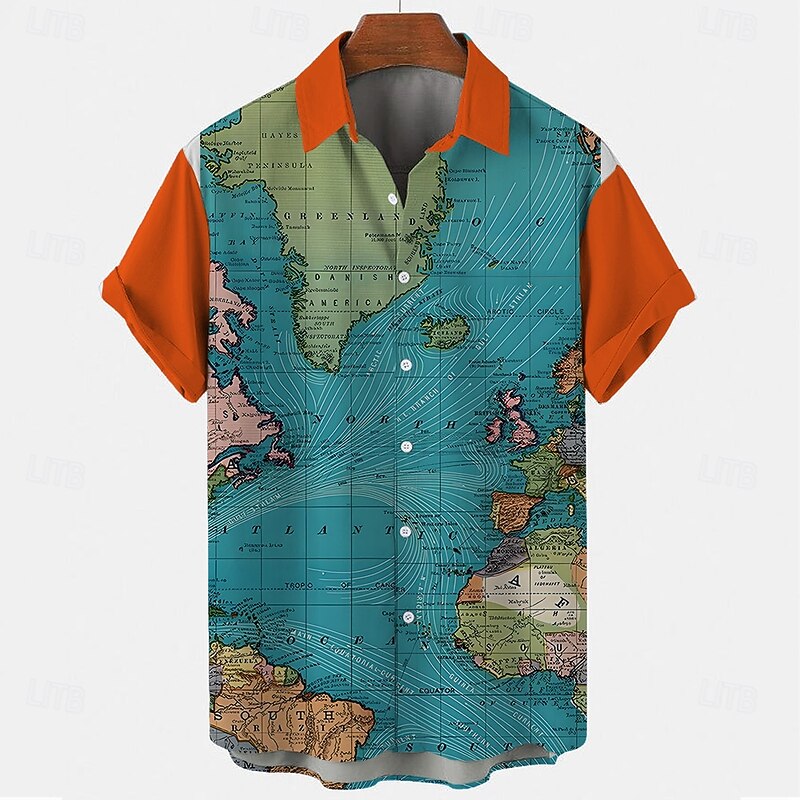 Men's World Map Casual Shirt Button Up Shirt Short Sleeve Casual Casual Summer Spring Turndown Button Up Blue Orange2