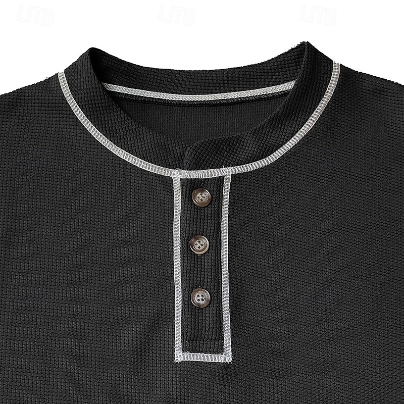 Men's Waffle Tee T Shirt Waffle Henley Shirt Tee Top Long Sleeve Solid Color Daily Casual Street Style Buttons Color Block Crewneck Henley Outdoor Street Causal Spring &  Fall Black Green Henley2