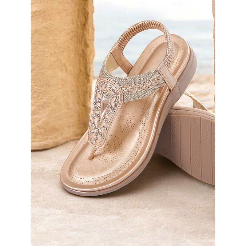 Women's Rhinestone T-Strap Sandals with Braided Detailing, Comfortable Flat Summer Shoes for Casual and Beach Wear2