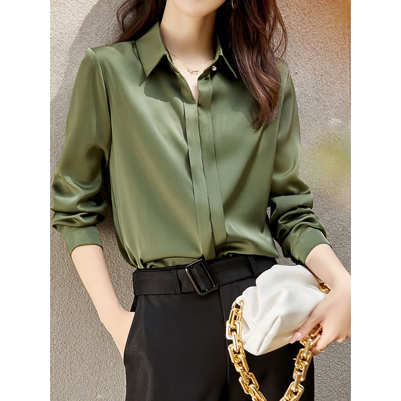 Women's Shirt Elegant Dressy Satin Solid Color Basic Casual Long Sleeve Shirt Collar Regular Tops Daily Buttons White Green Gray Fall Winter2