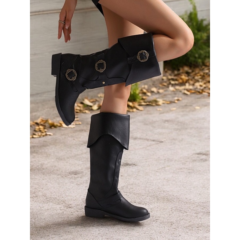 Women's Vintage Mid-Calf Witch Boots with Decorative Buckles and Folded Cuff - Vintage Pirate Style Cosplay Costume Shoes3