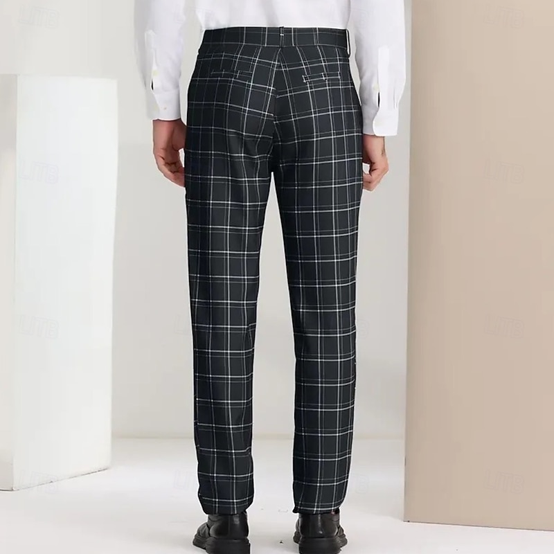 Men's Geometric Plaid Dress Pants Mid Waist Business Casual Outdoor Vacation Home Zipper Pocket Summer Spring Fall 3D Print Black2