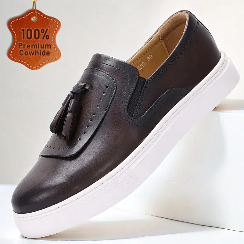 Men's Premium Cowhide Slip-On Loafers with Tassel Detail, Casual Comfort Shoes for Everyday Wear