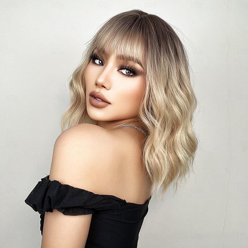 Bob Wig for Women Short Wavy Wig with Bangs Dark Roots Heat Resistant Synthetic Party Wig for Women Girls Daily Wear Wigs4