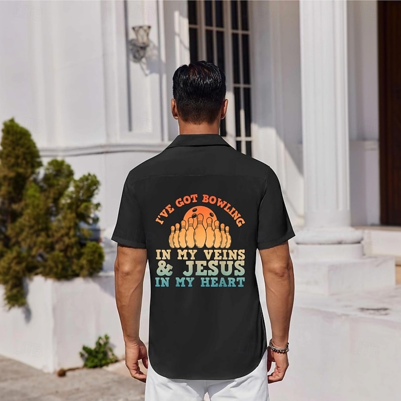 Men's Word / Phrase Casual Shirt Bowling Shirt Button Up Shirt Short Sleeve Casual Fashion Casual Sport Causal Casual Summer Spring Turndown Button Up Pocket Black