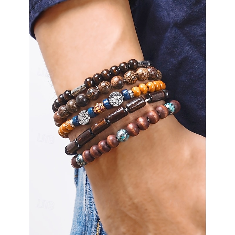Men's Multilayer Wooden Bead Bracelet Set, Bohemian Style Handmade Jewelry for Casual and Beachwear