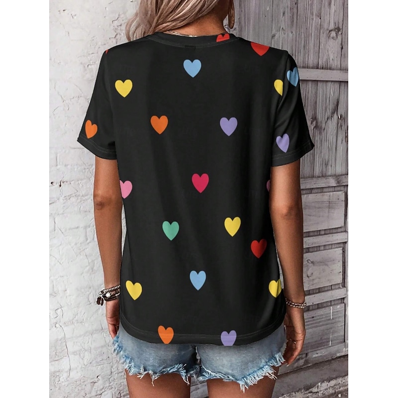 Valentine Women's Heart T Shirt Cute Regular Tops Short Sleeve Round Neck Print Regular Fit Daily Black White Summer3
