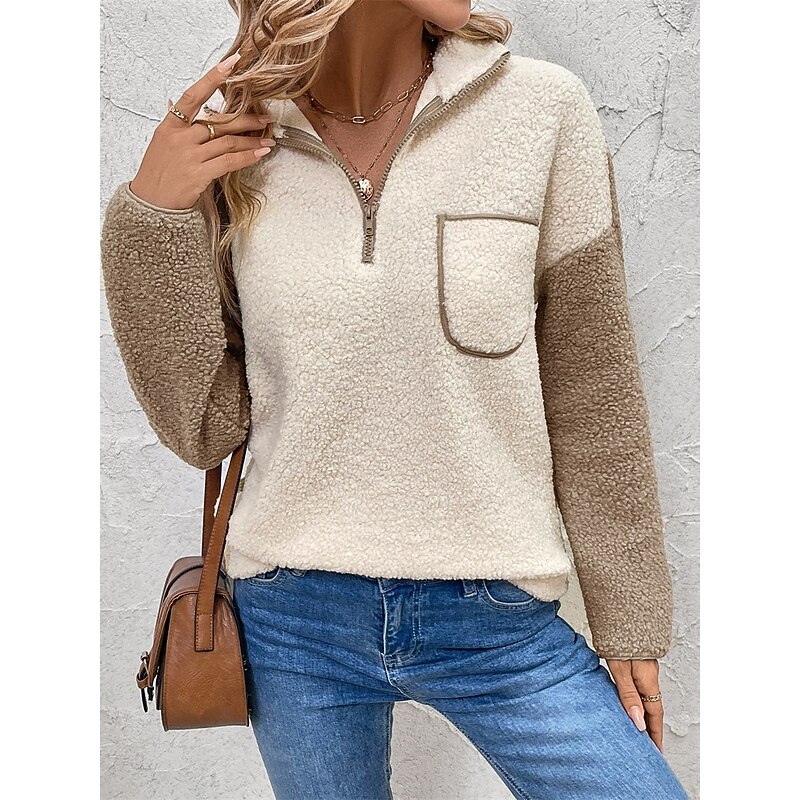 Women's Plain Fashion Casual Long Sleeve High Neck Regular Tops Street Casual Going out Half Zipper Quarter Zipper Patchwork Beige Fall Winter3