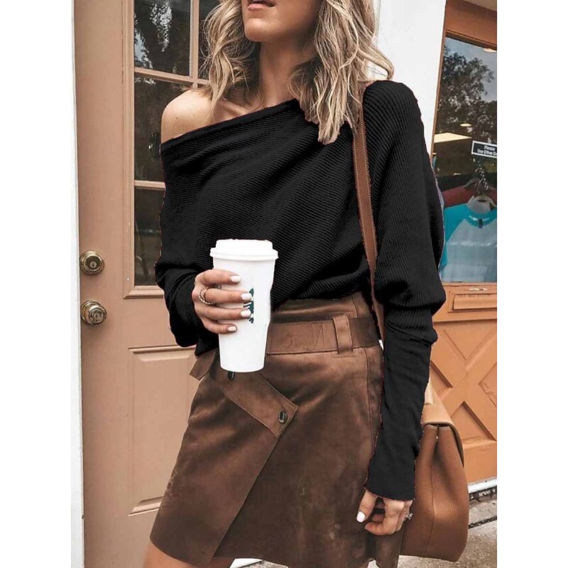 Women's T Shirt Plain Fashion Modern Casual Long Sleeve Batwing Sleeve One Shoulder Regular Tops Daily Weekend Black Khaki Gray Spring Fall