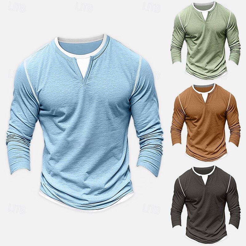 Men's Shirt V Neck Tee Long Sleeve Shirt Bamboo T-shirt Long Sleeve V Neck Spring &  Fall Solid Color Patchwork Daily Casual Street Style Fake two piece Outdoor Street Causal Light Blue Light Green
