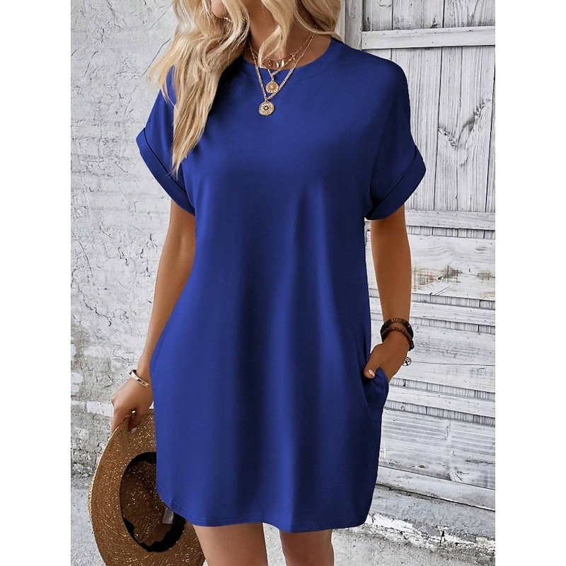 Women's Casual Dress Mini Dress Pocket Casual Crew Neck Short Sleeve White Blue Khaki Color