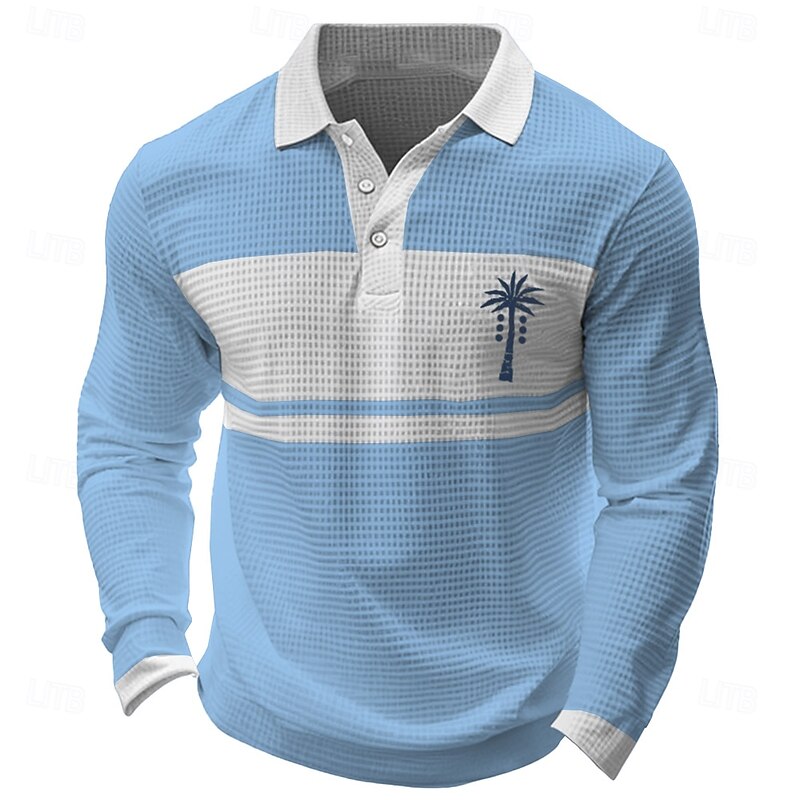 Kentucky Derby Men's Leaf Waffle Polo Shirts Golf Shirt Long Sleeve Polo Shirts Collared Shirts Hawaiian Casual Hawaiian Buttons 3D Print Spring Fall Winter Dark Blue Light Blue Gray