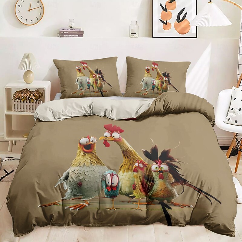 Duvet Cover Set with Funny Rooster Print, 100% Cotton, Soft and Breathable Fabric, Includes Duvet Cover and Pillowcases, Hypoallergenic and Skin-Friendly, Machine Washable, Durable, Comfortable