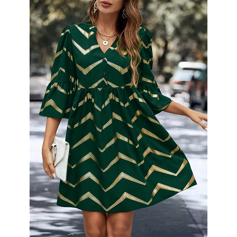 Women's Geometric Notched Neck Mini Dress 3/4 Length Sleeve Summer Spring