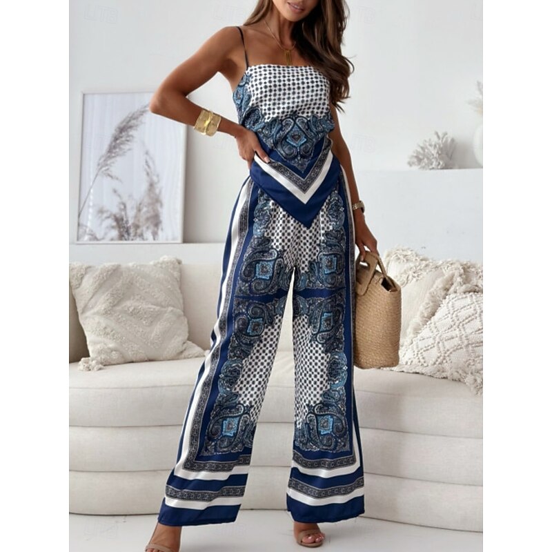 Women's Fashion Streetwear Daily Camisole Wide Leg Pants Sleeveless Strap Floral Backless Print Casual Daily Black Navy Blue Sky Blue Summer Regular Fit