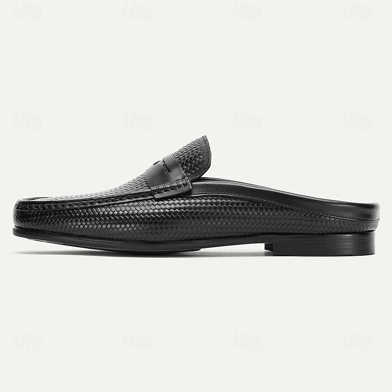 Men's Black Premium Cowhide Leather Woven Mule  – Comfortable Formal Footwear for Business and Special Occasions4
