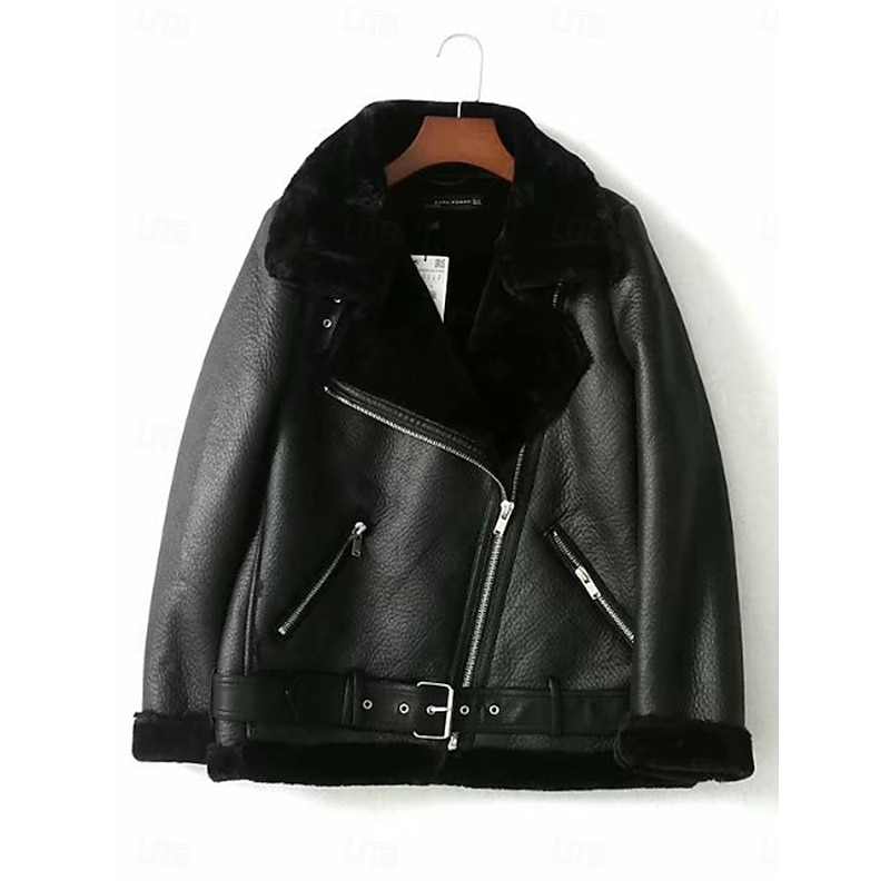 Women's Faux Leather Jacket Winter Coat Winter Jacket Windproof Warm Patchwork Fashion Solid Color Street Casual Daily Regular Turndown Regular Fit Long Sleeve Outerwear Black Brown Fall Winter4