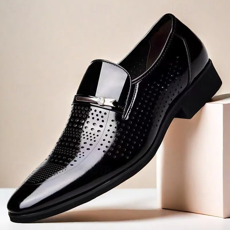 Men's Brown Patent Faux Leather Loafers – Breathable Perforated Slip-On Dress Shoes for Business and Formal Occasions2